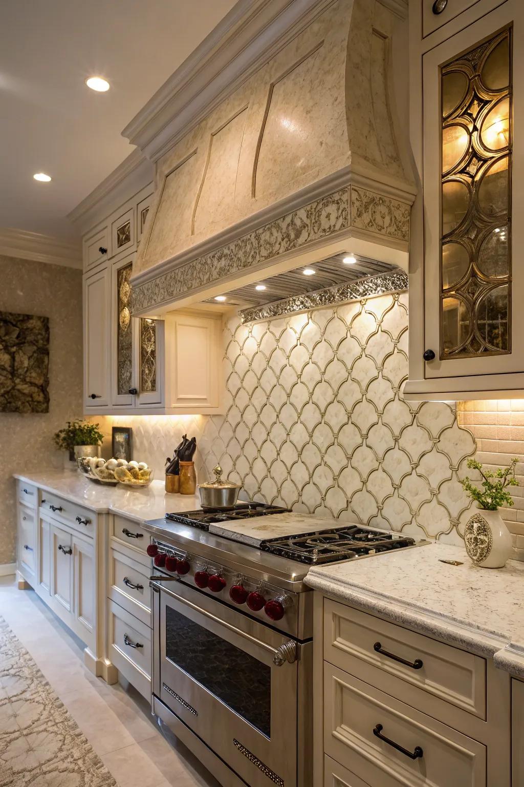 A luxurious kitchen enhanced by a textured arabesque tile backsplash that provides depth.