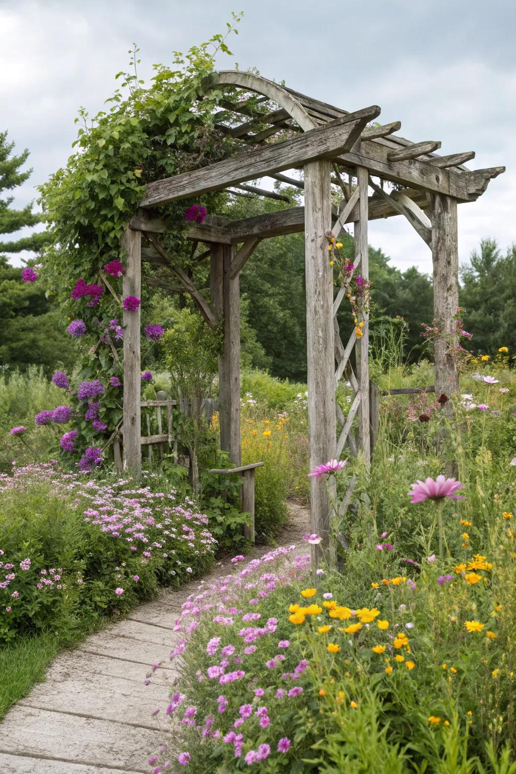 A rustic wooden arbor set against a backdrop of wildflowers.