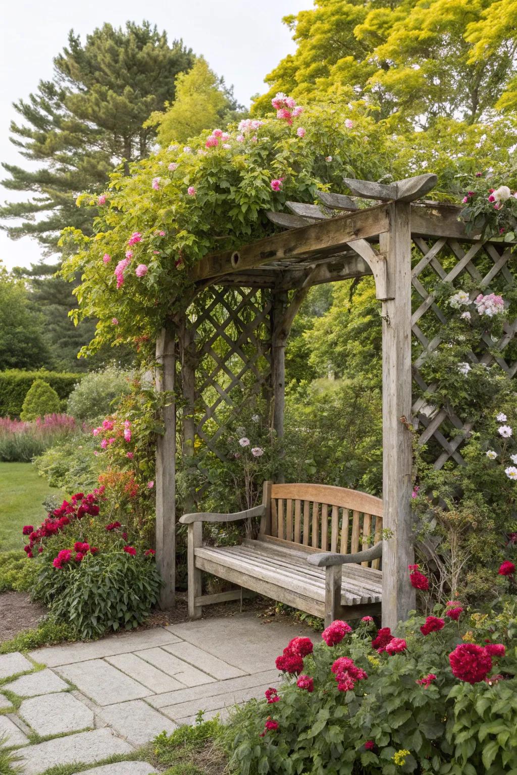 A trellis arbor with seating provides a serene garden escape.