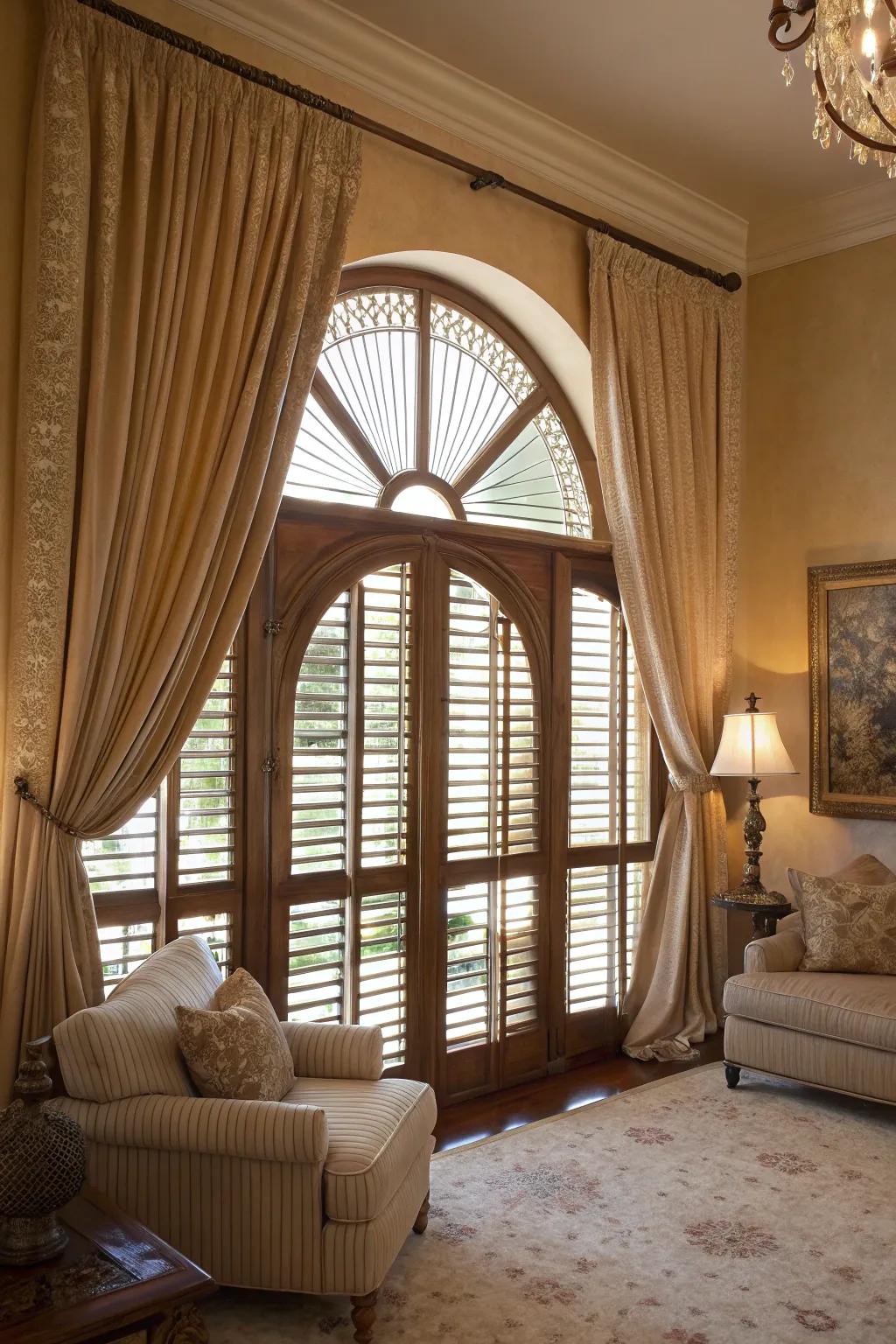 Cozy living room with layered window treatments on arched windows.