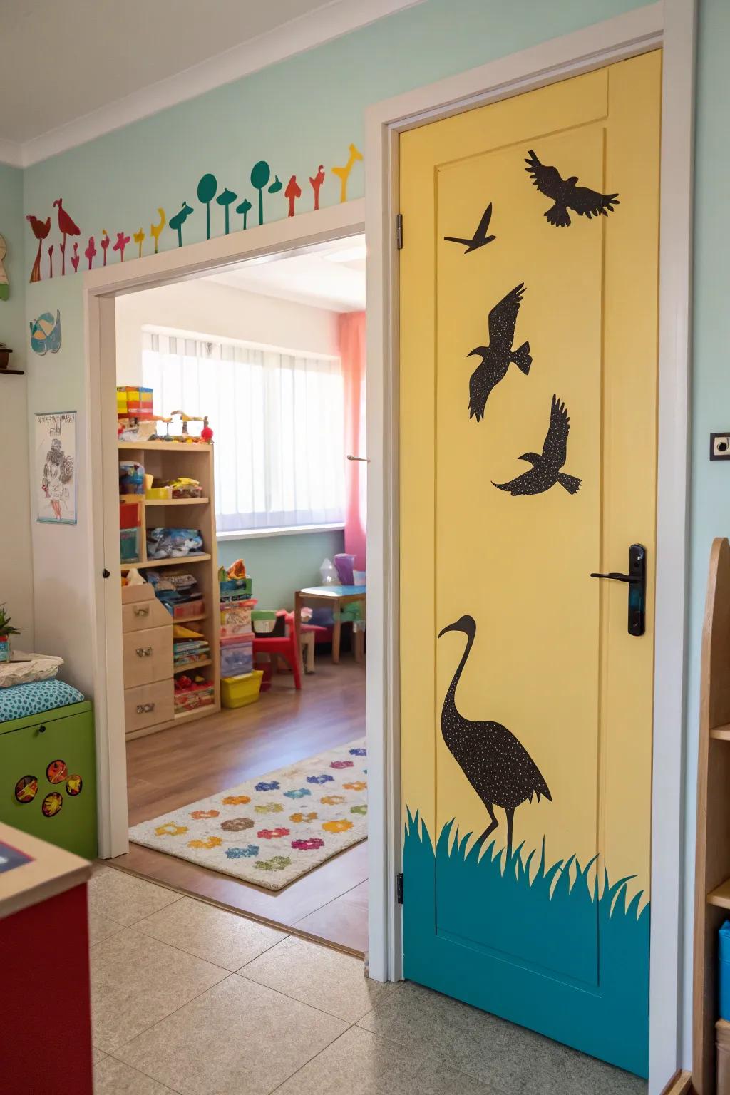 An animal-themed door adding a hint of wilderness to the space.