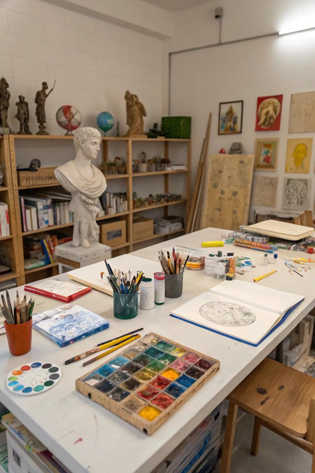 A large worktable becomes your canvas for creativity.