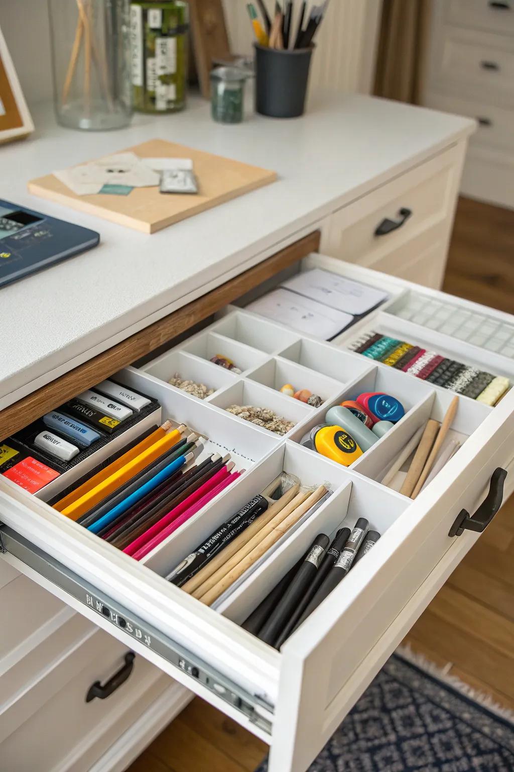 Drawer dividers help keep all your small art supplies neatly organized.