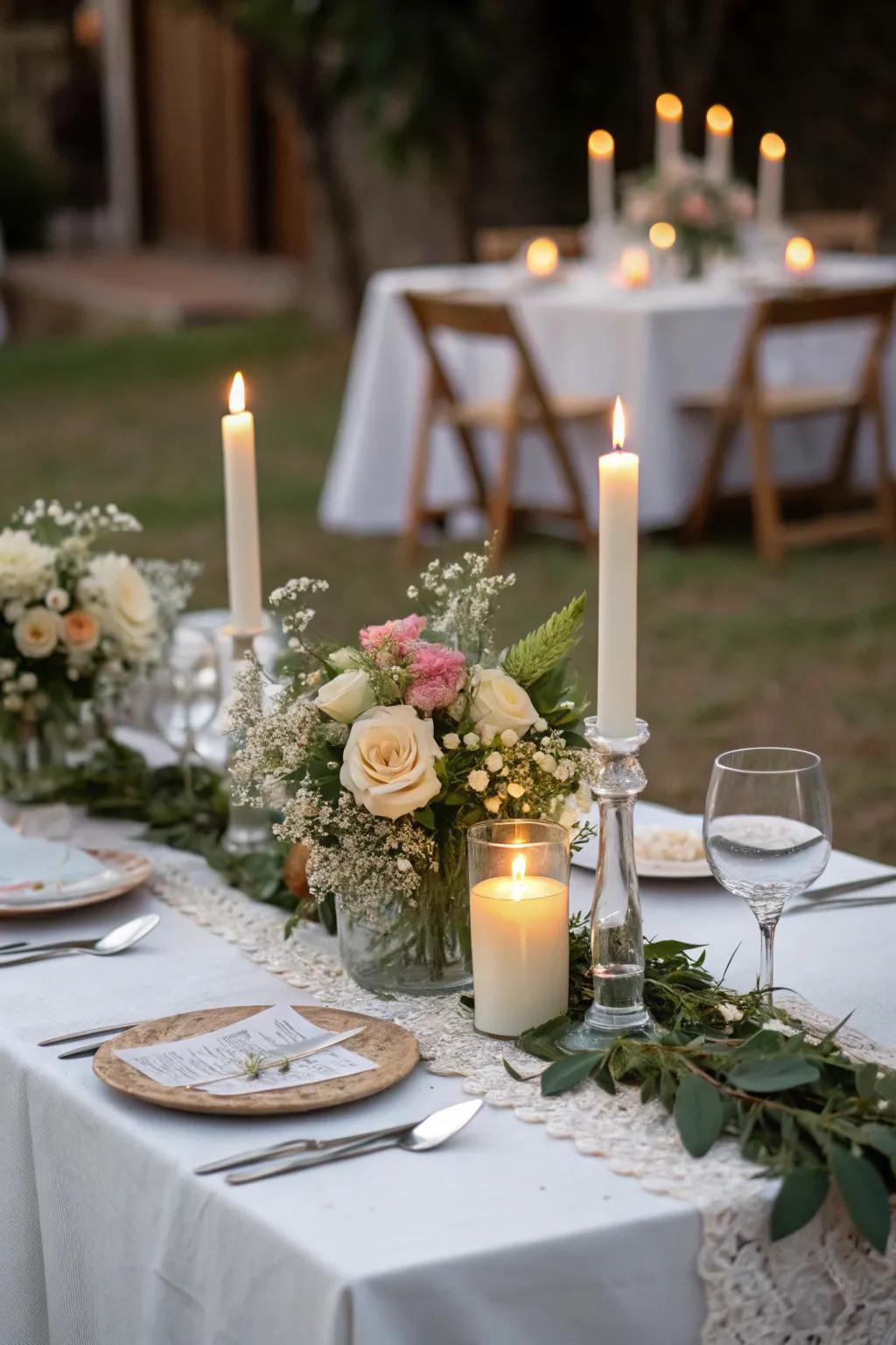Elegant table designs with simple center decorations.