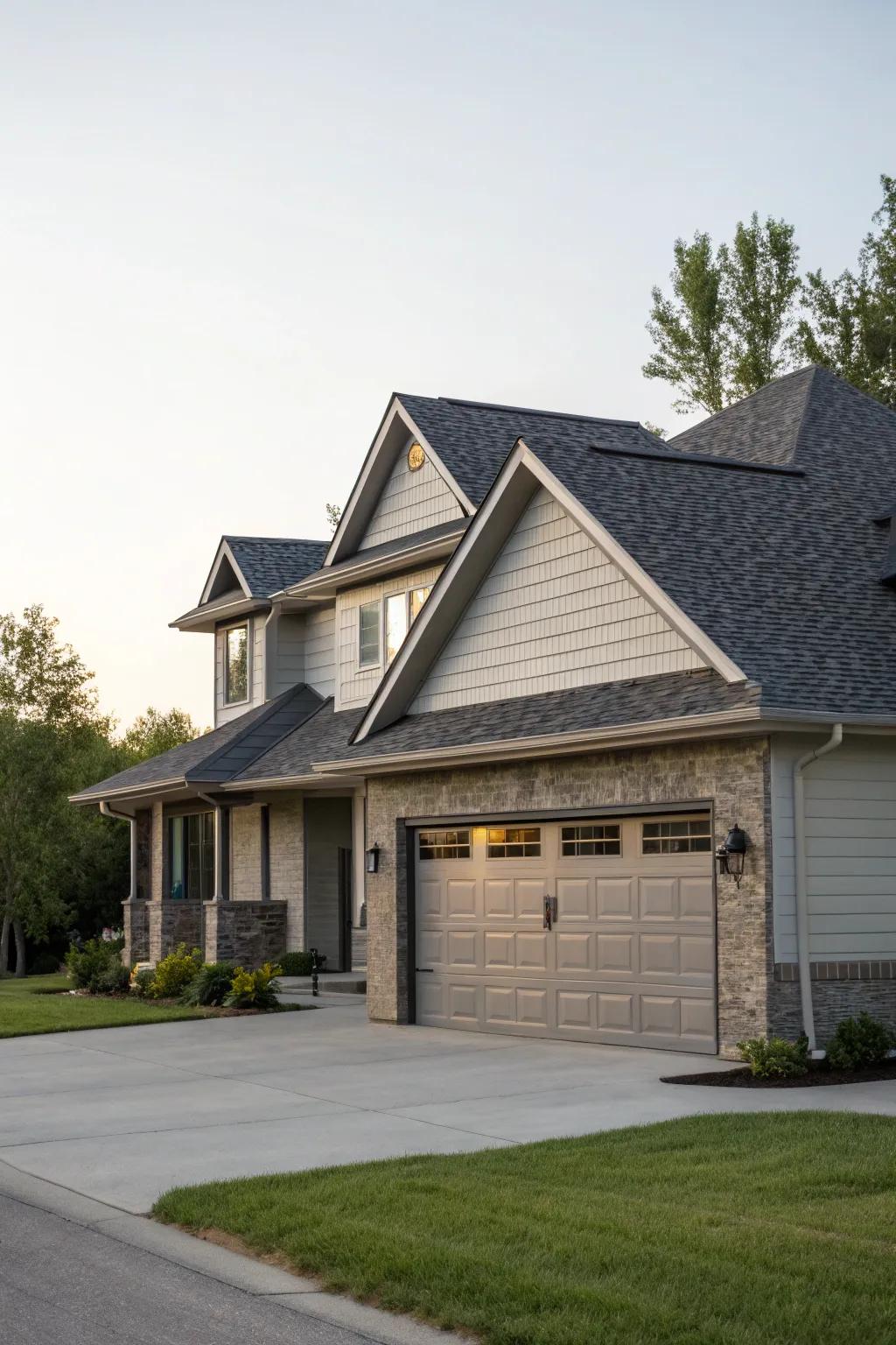 A garage with a roofing style that complements the main house.