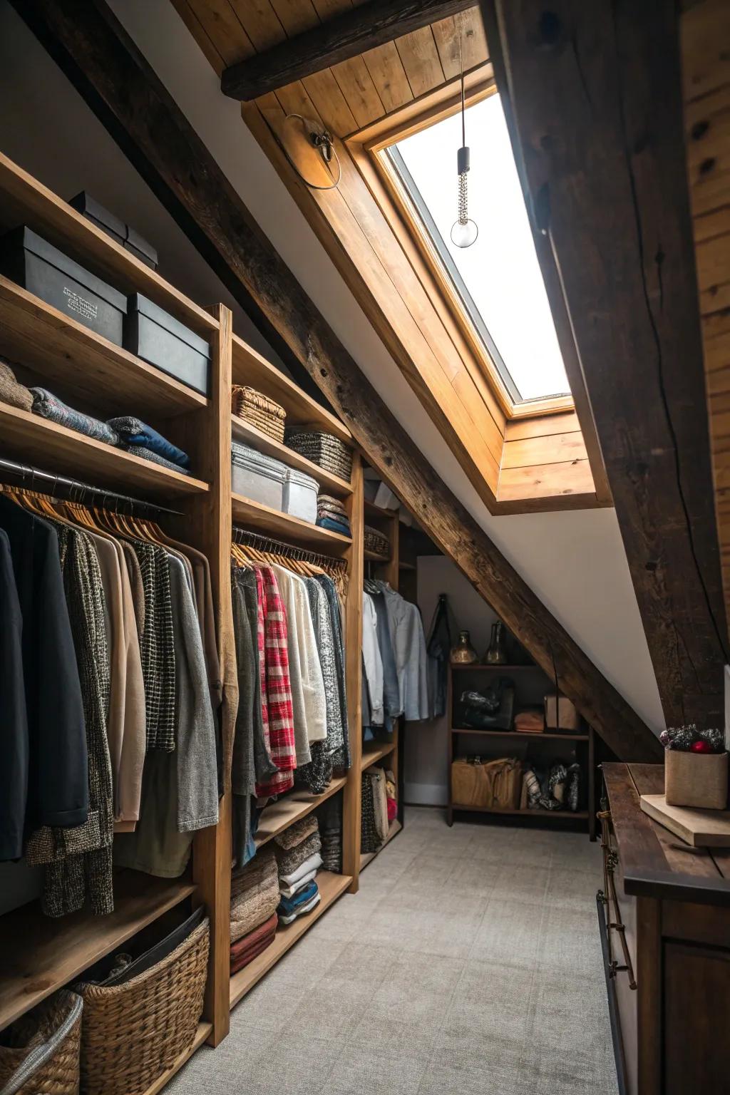 Natural light enhances the feel of the attic closet.