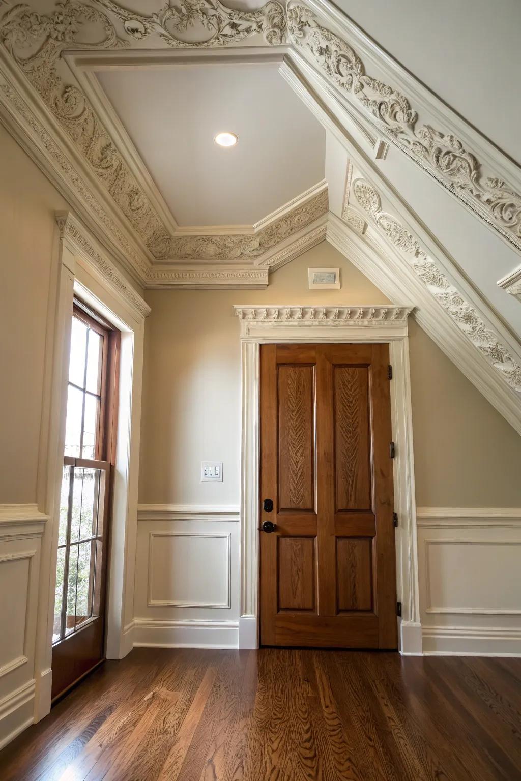 Elegant molding elevates attic doors.