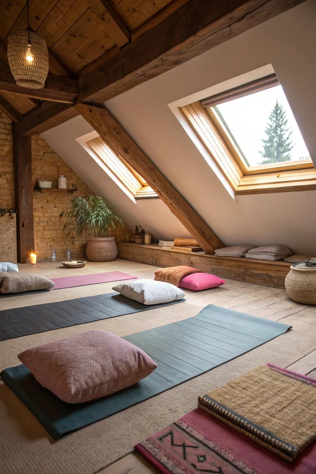 A peaceful spot for yoga and contemplation within your attic fitness area.