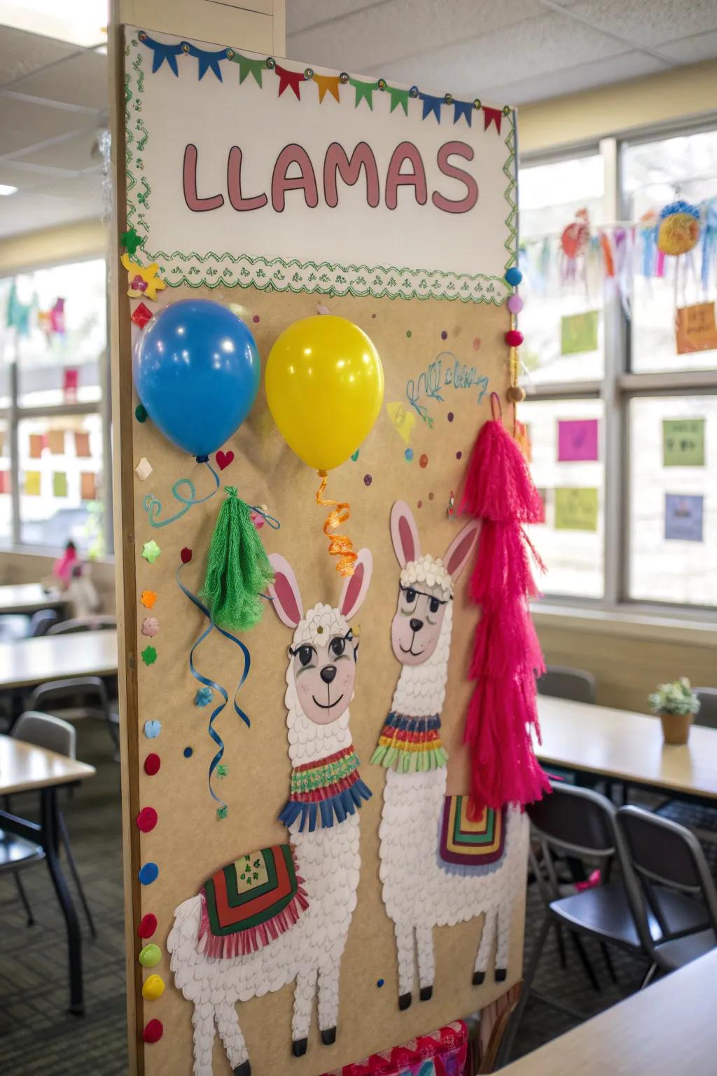A llama-themed bulletin board that brings a smile to the classroom.