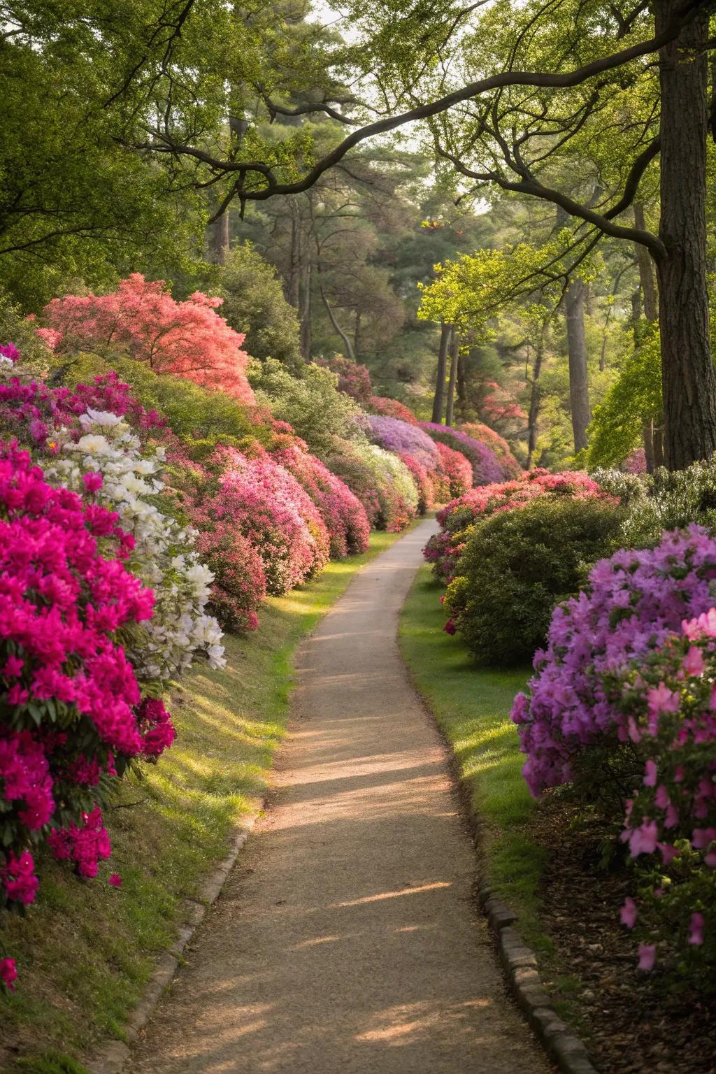 Azaleas serve as vibrant borders along a garden path.