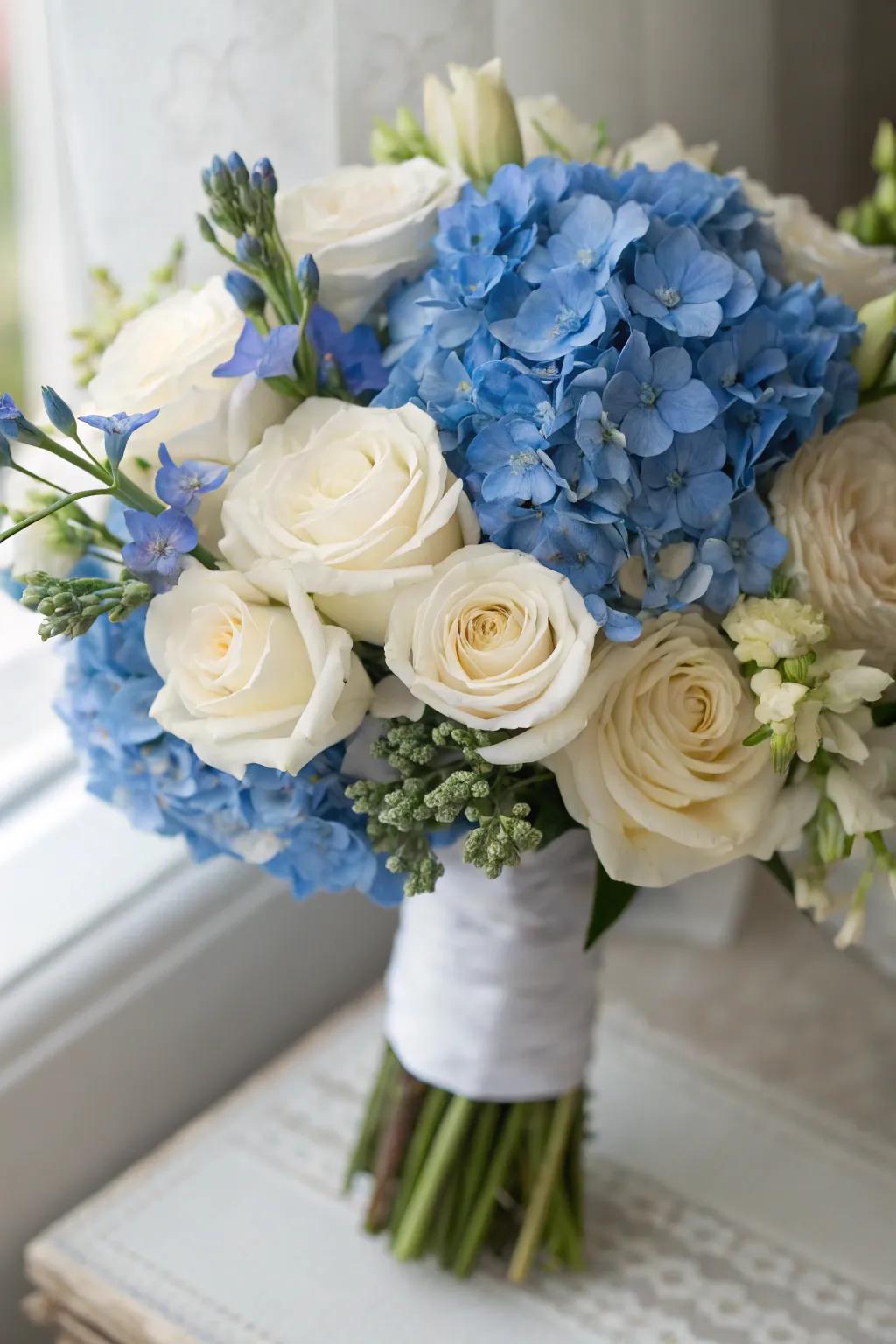 Blue hydrangeas add a pop of color to your wedding arrangements.