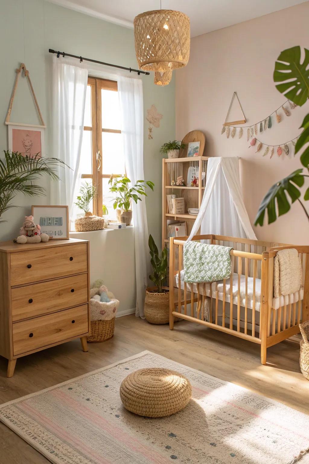 Natural wood furniture adds a sustainable and cozy feel.