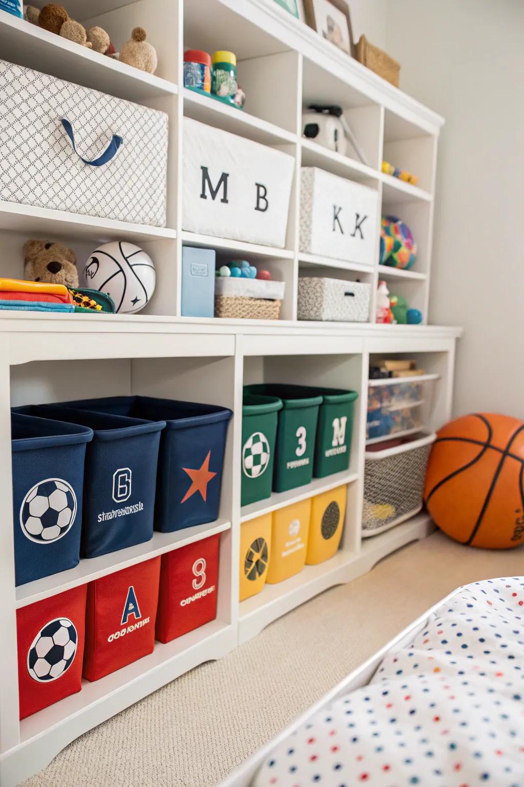 Sports-themed storage bins blend practicality with playful design.