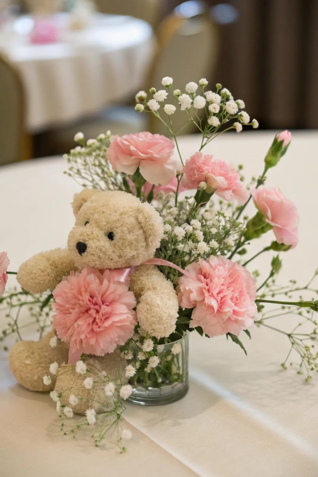 Lovable stuffed toy centerpiece with delicate floral features.