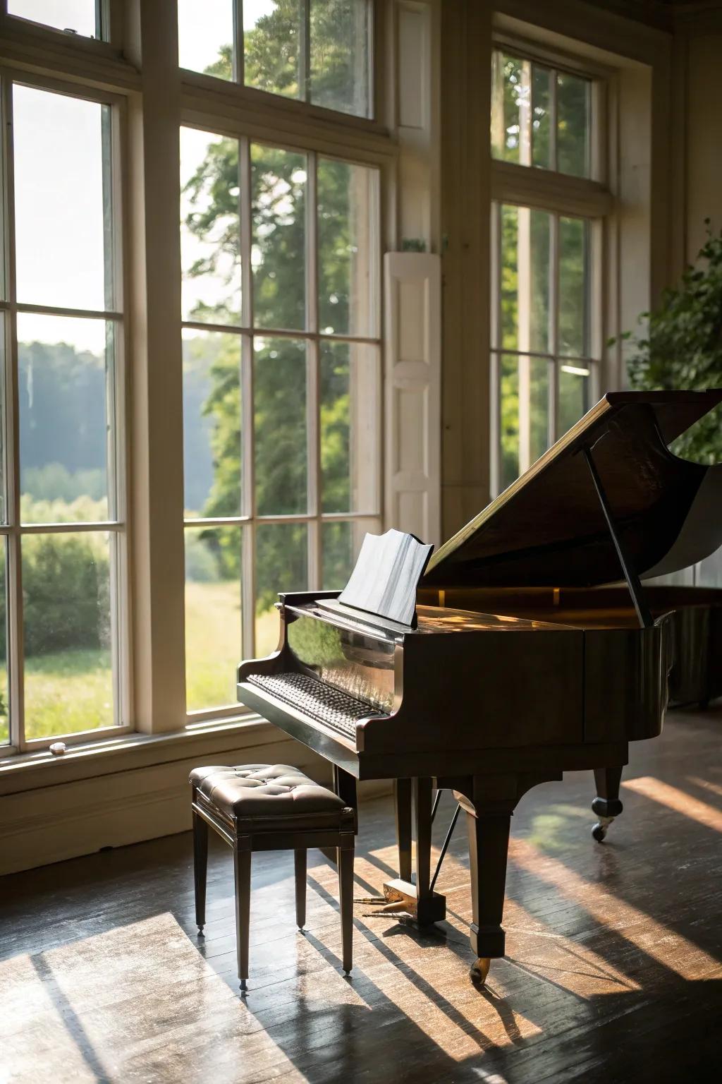 Sunlight enhances the beauty of the grand concert instrument.