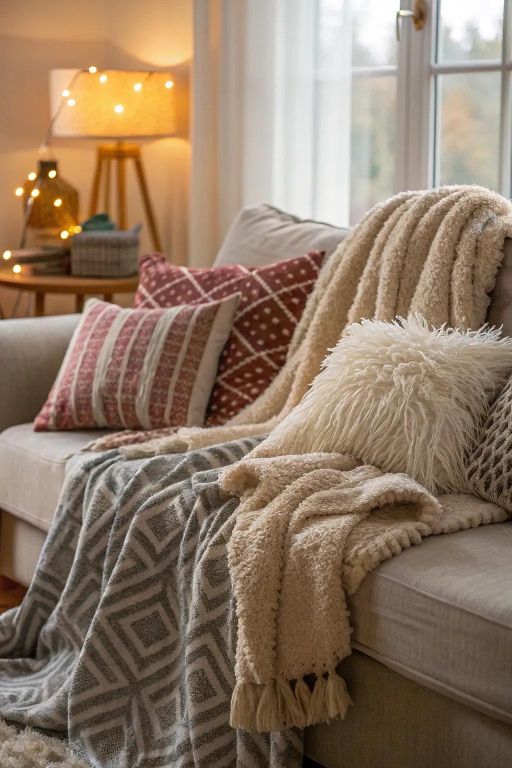 Textured throws and fluffy cushions introduce coziness and warmth to the area.