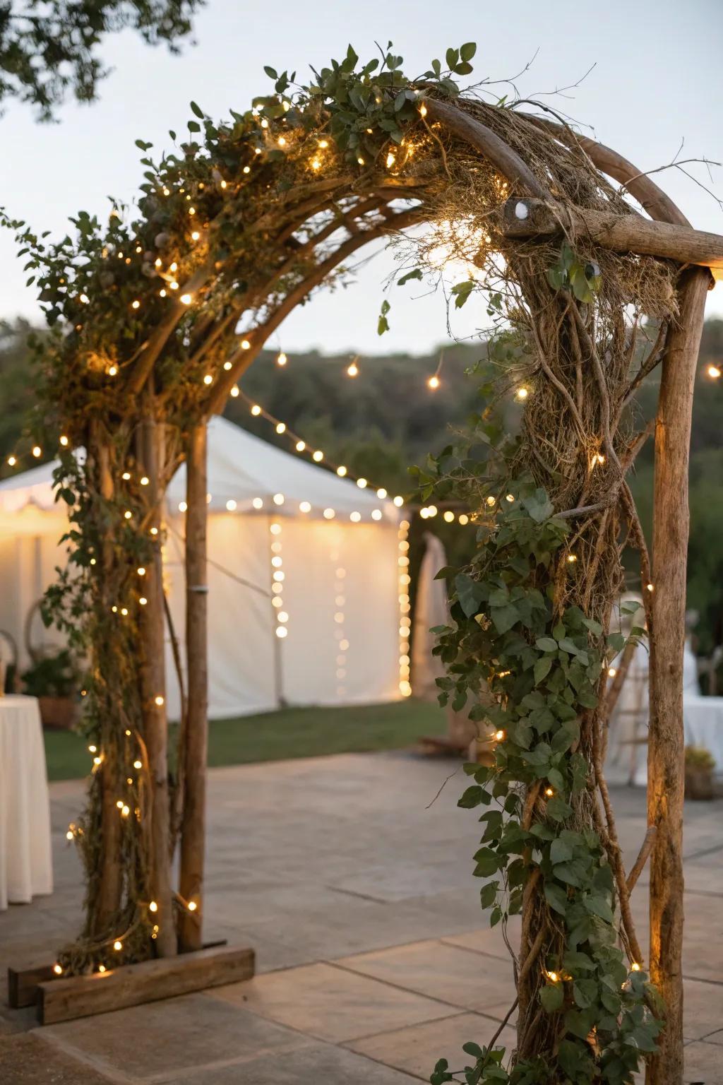 A rustic arch joining branches and greenery for an earthy aesthetic.