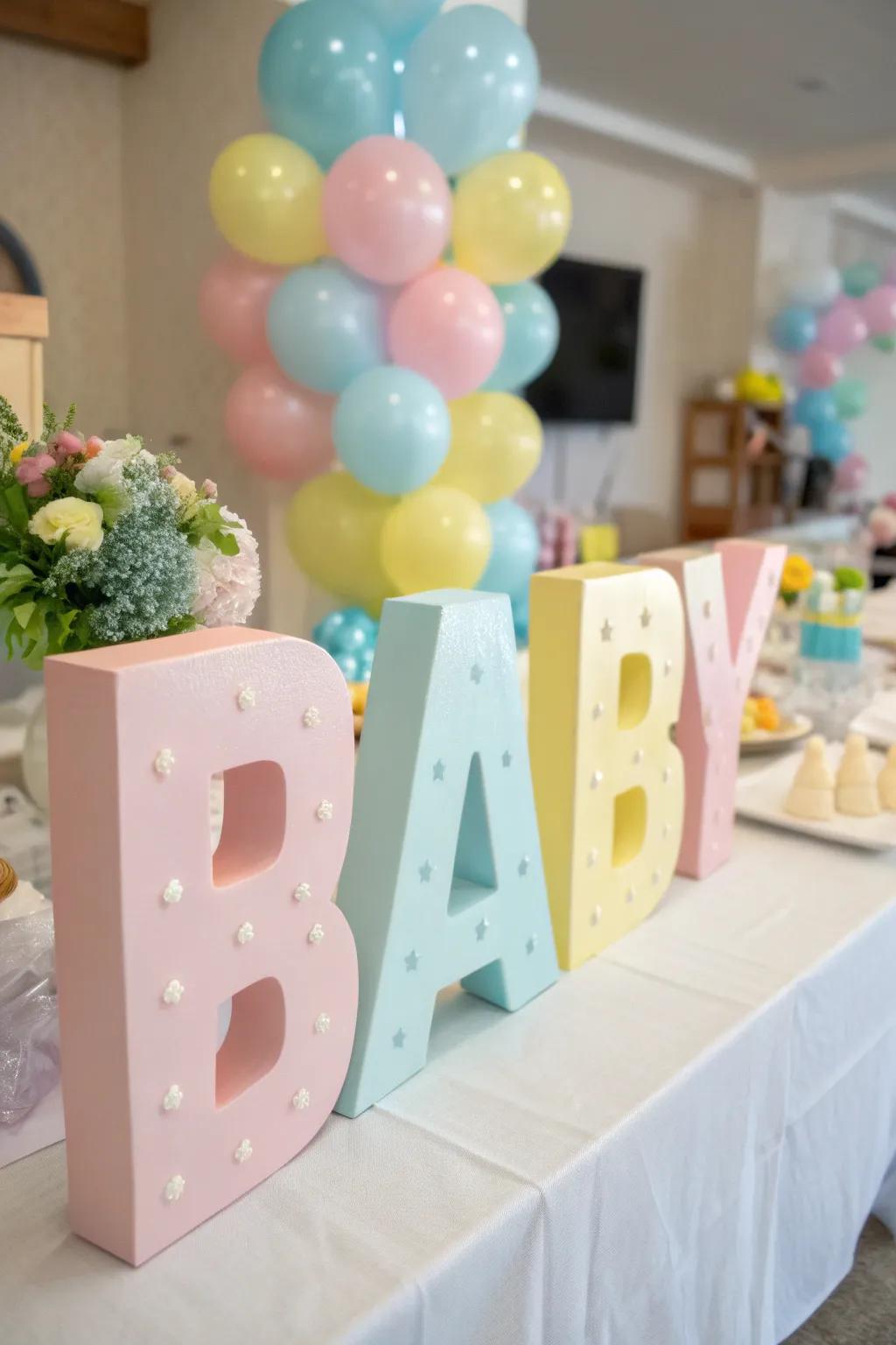Large pastel block letters provide an entertaining aspect to the baby shower decorations.