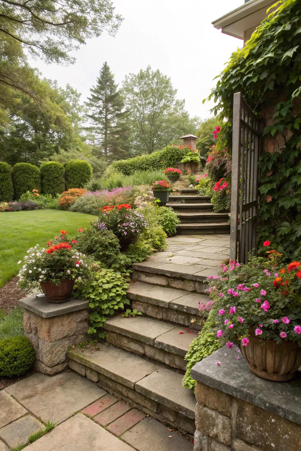 Tiered steps with planters bring greenery right to your doorstep.