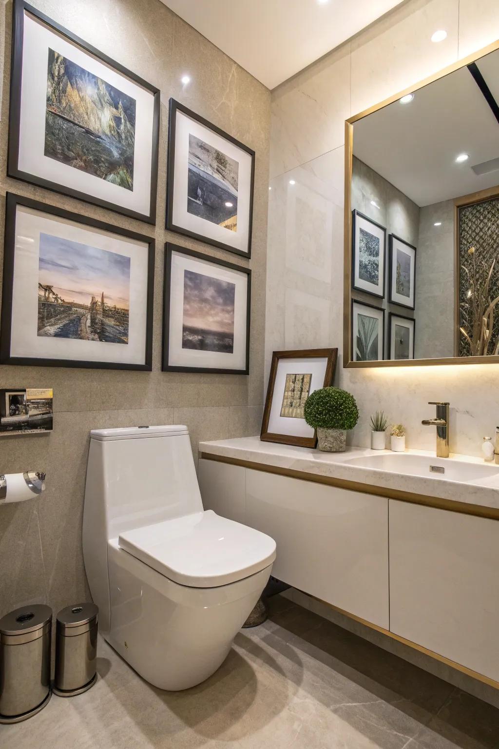 Personalized artwork adds character to the bathroom.