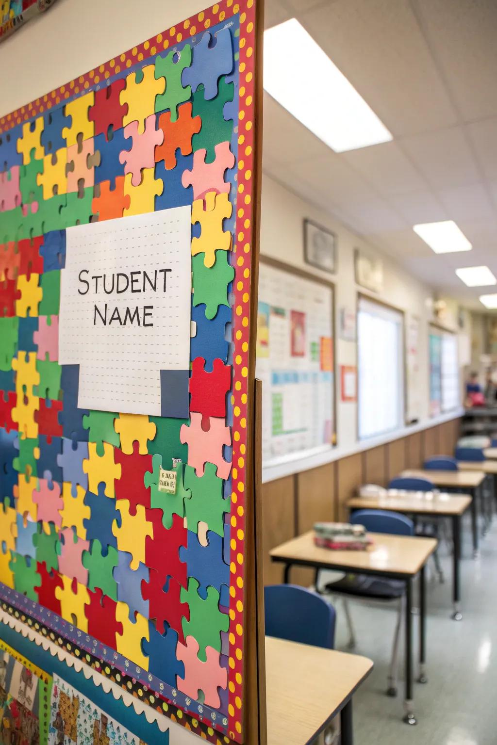 Celebrate classroom cohesion with a puzzle-themed bulletin board.