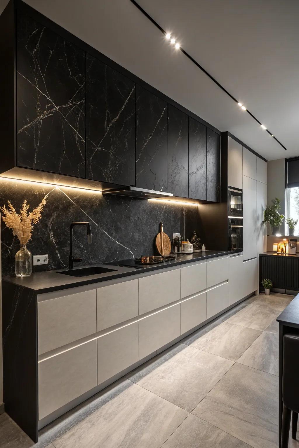 Dark on dark creates a dramatic and sophisticated kitchen atmosphere.