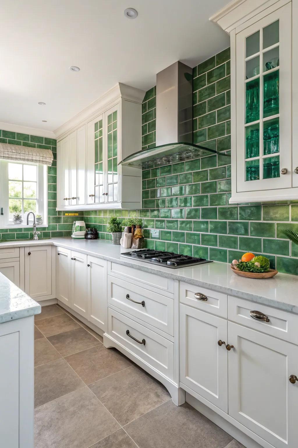 Emerald tiles introduce a calming element to this modern white kitchen.