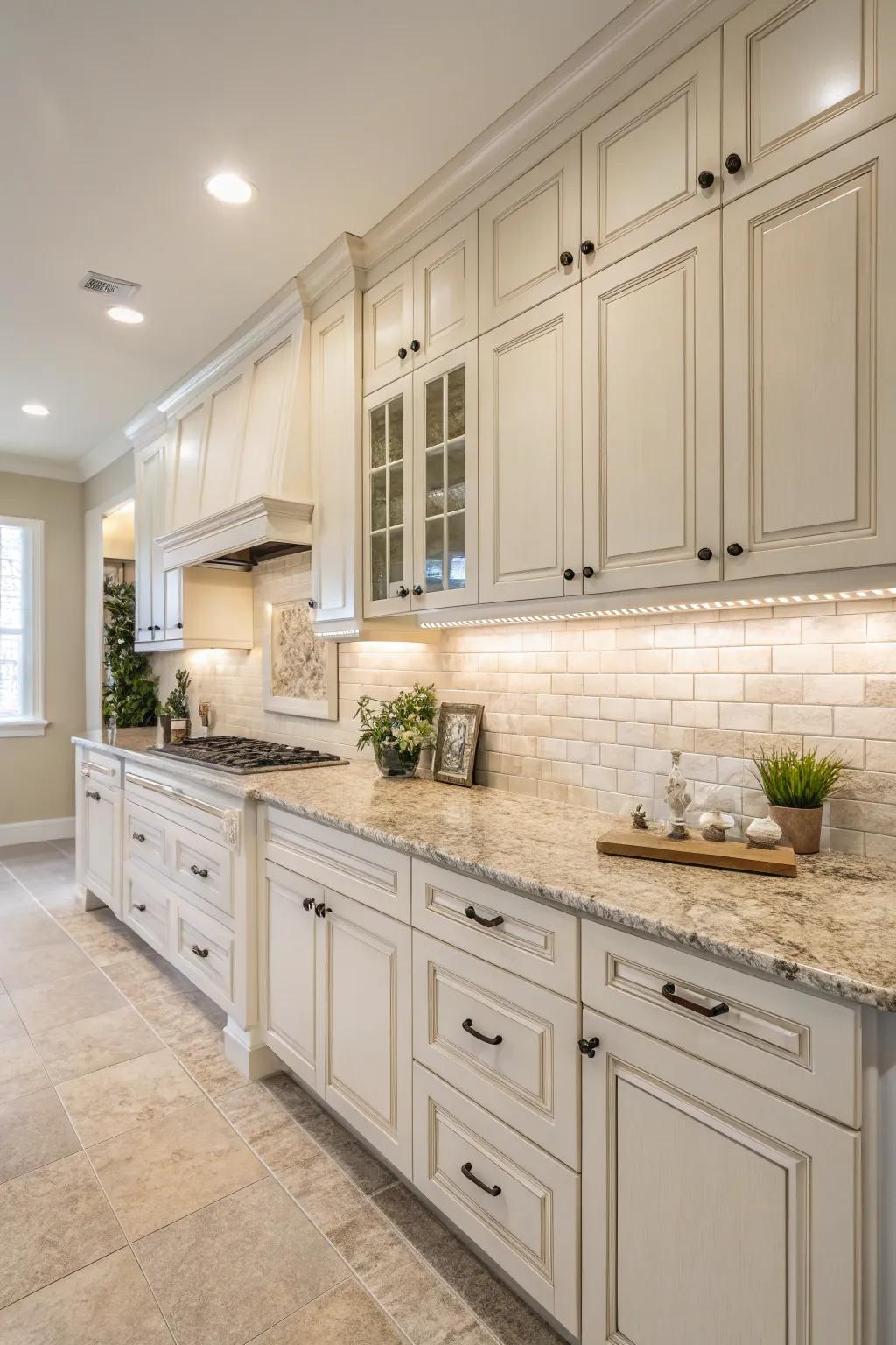 Neutral tones maintain the cooking area's palette as sophisticated and ageless.