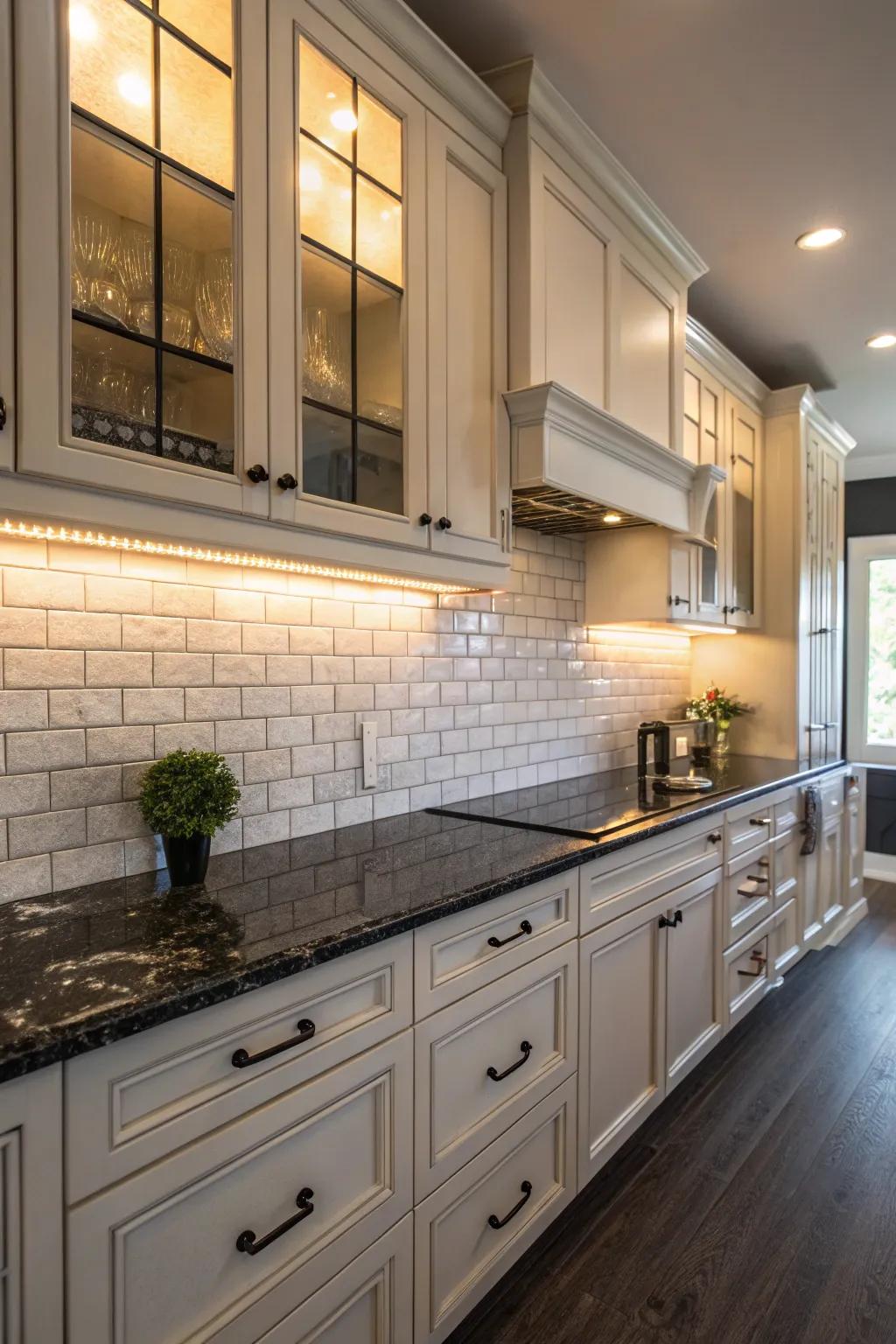 Light cabinetry and dark granite generate a striking contrast.