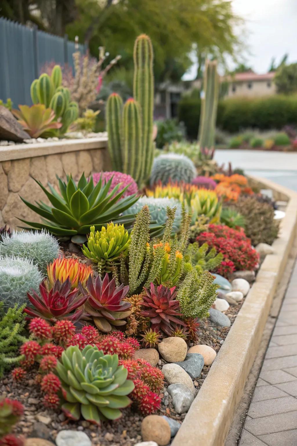 A collection of succulents and cacti making a colorful display.