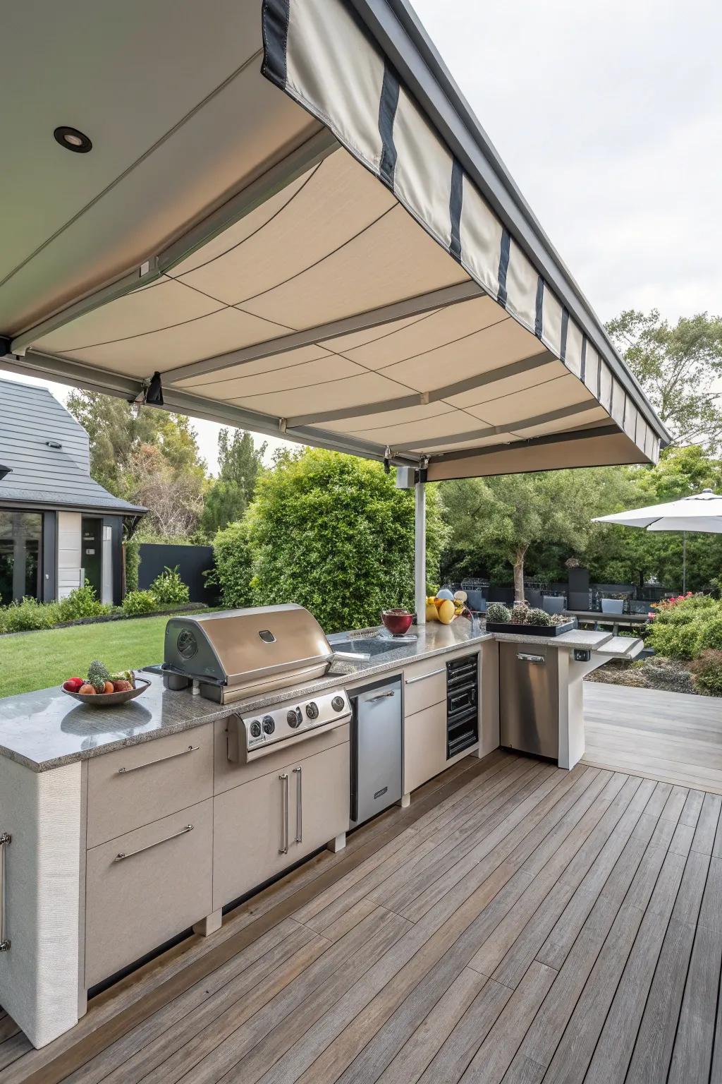 An adjustable sunshade offers flexibility for both sun and shade in your outdoor kitchen.