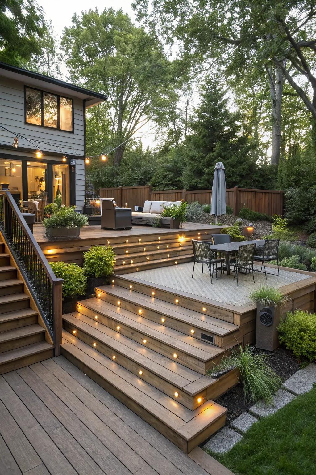 Split-level decks add depth and sophistication.