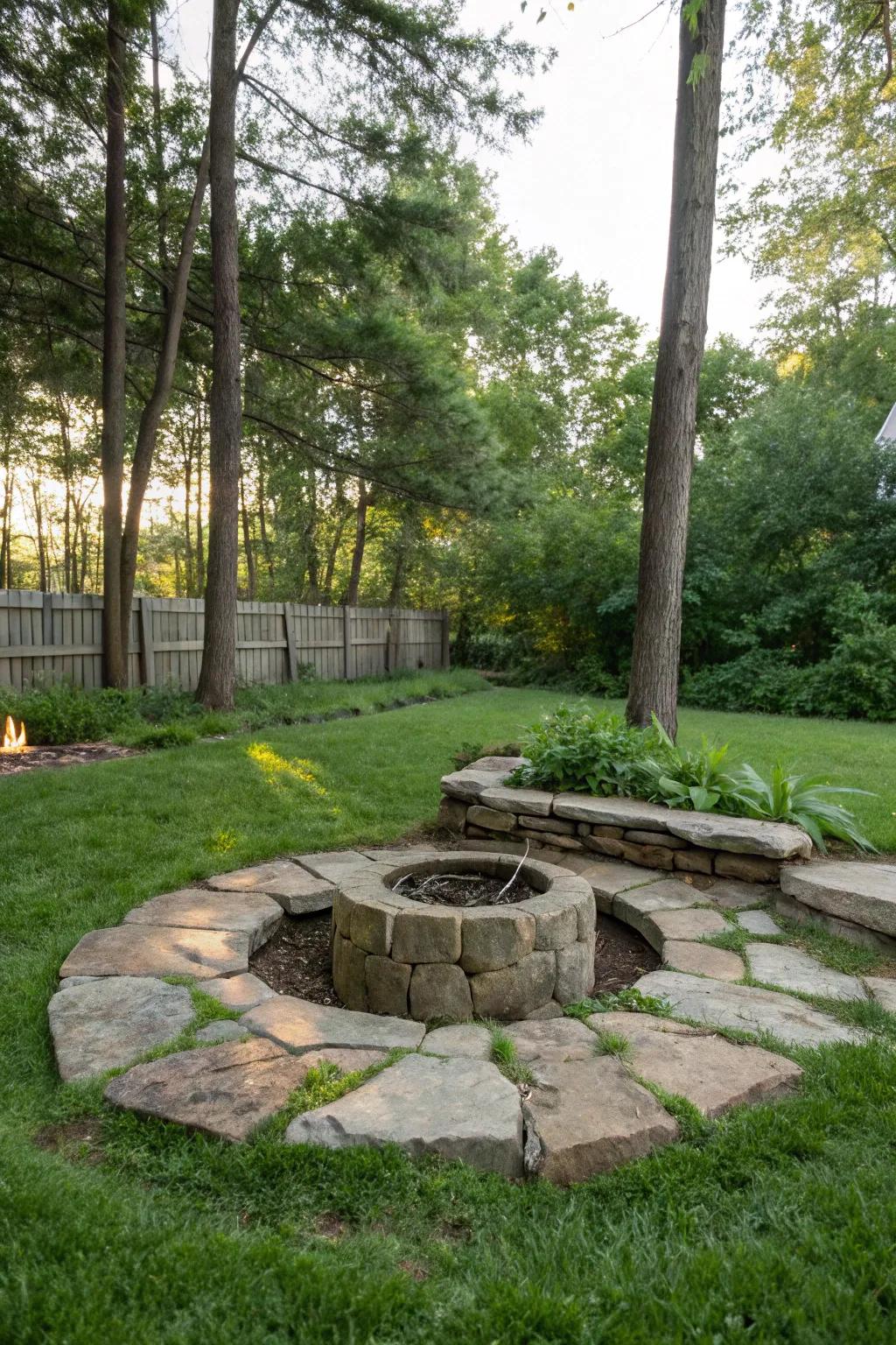 A rock enclosure fire feature delivers a timeless and earthy charm.