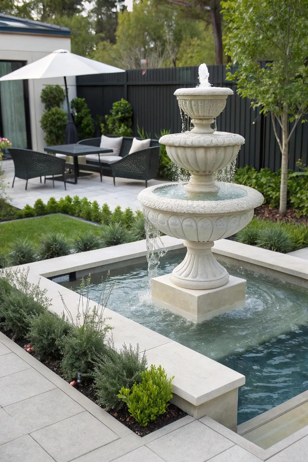 An artistic sculpture fountain becomes a captivating focal point in a creative garden design.