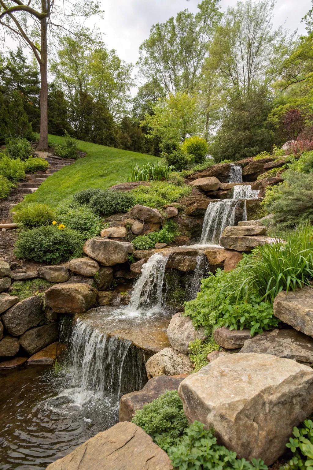A waterfall brings a peaceful feel to any sloped garden.