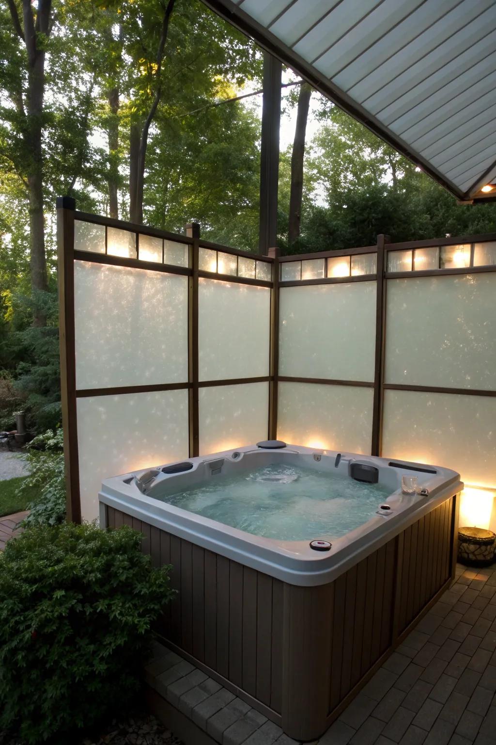Etched glass panels provide a streamlined and modern solution for hot tub privacy.