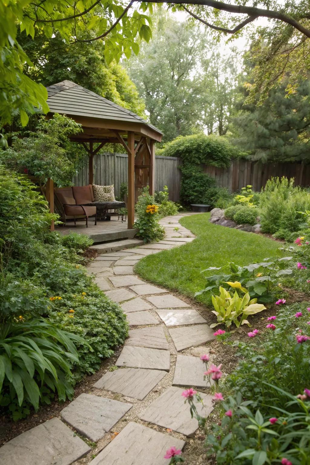 A captivating garden pathway entices adventure and discovery in your backyard.
