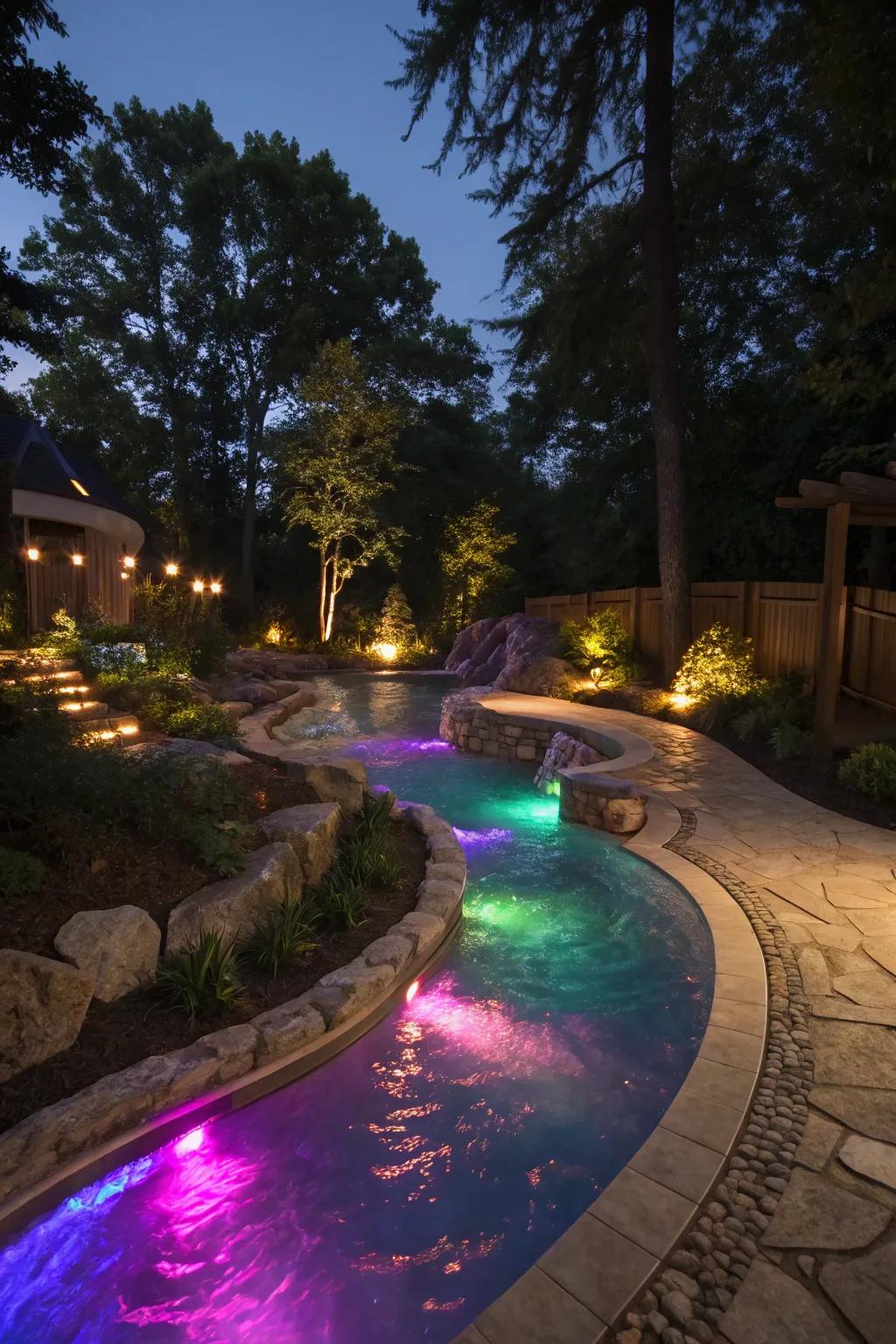 A beautifully lit lazy river pool, projecting a captivating radiance.