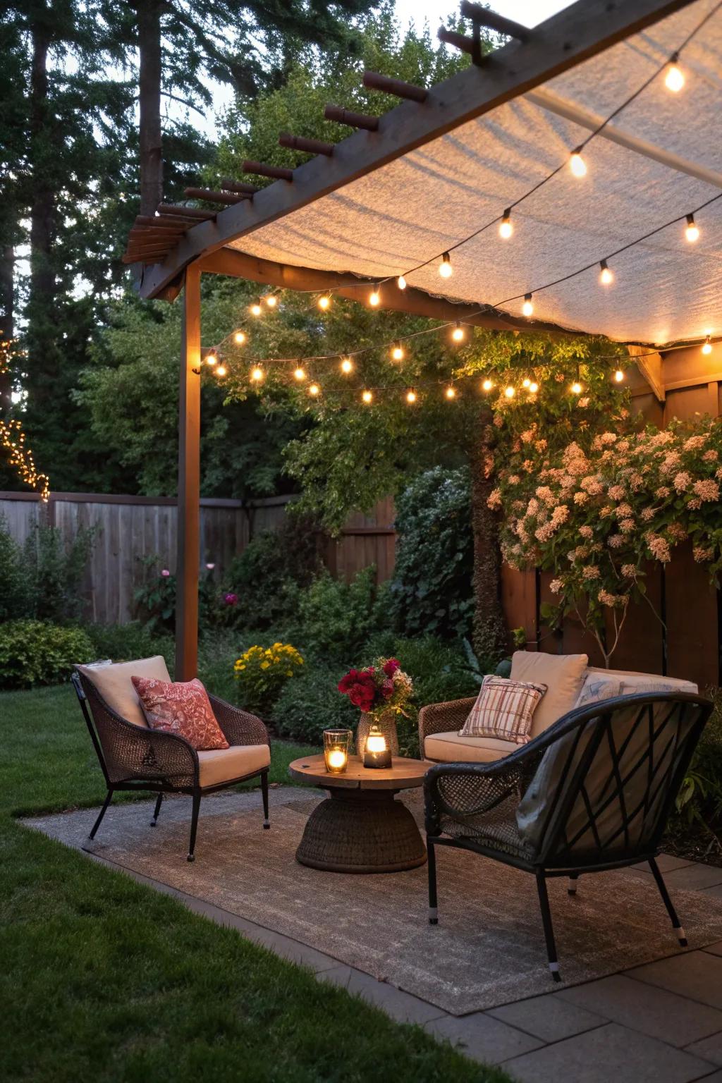 Overhead canopies of lights establish a warm and intimate ambiance.