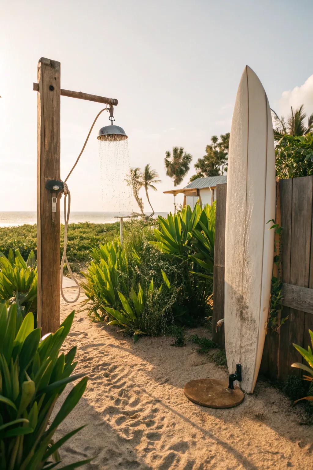 A beach-theme outdoor shower area with a surfboard background.