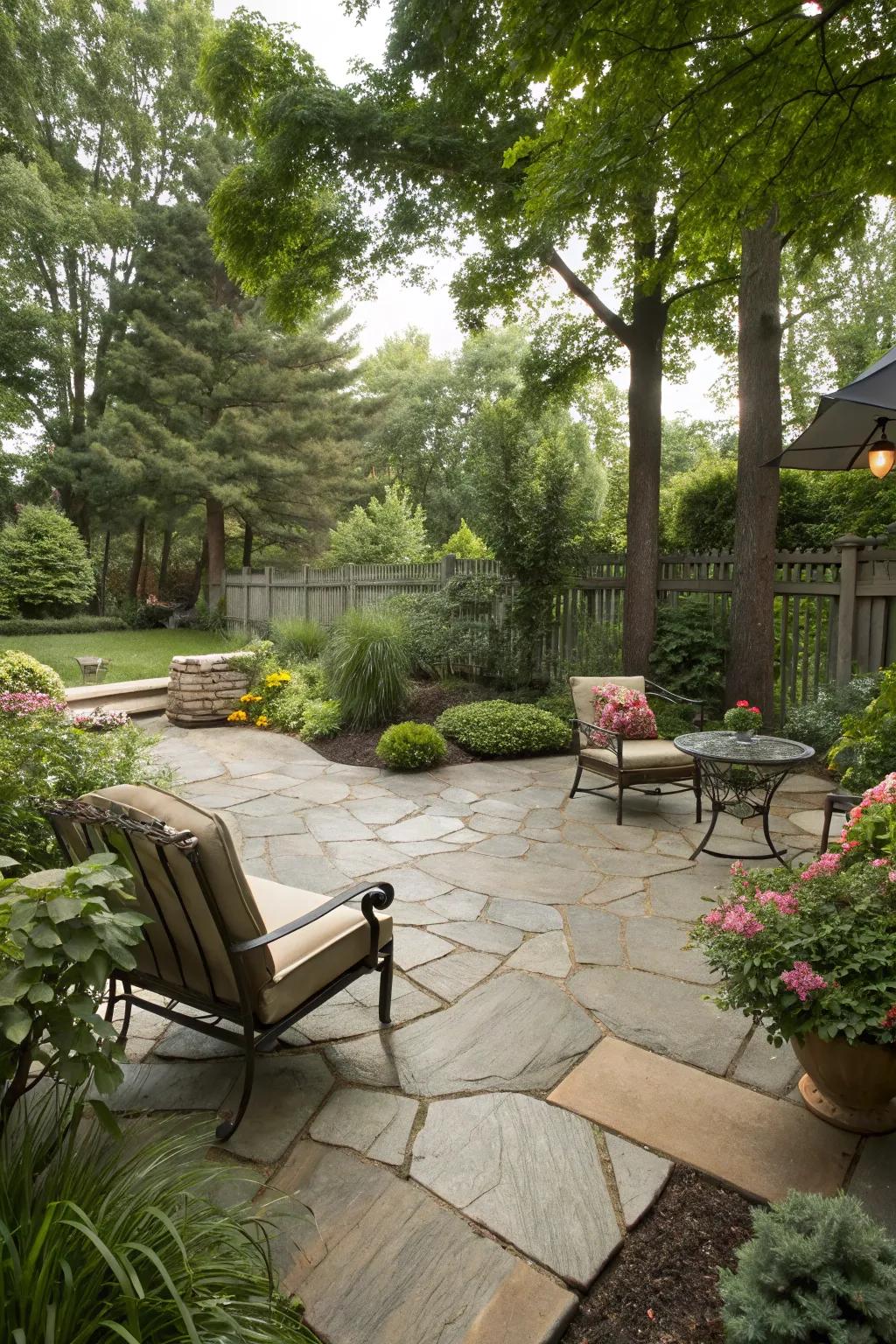 Natural stone flooring enhances the rustic charm of your patio.