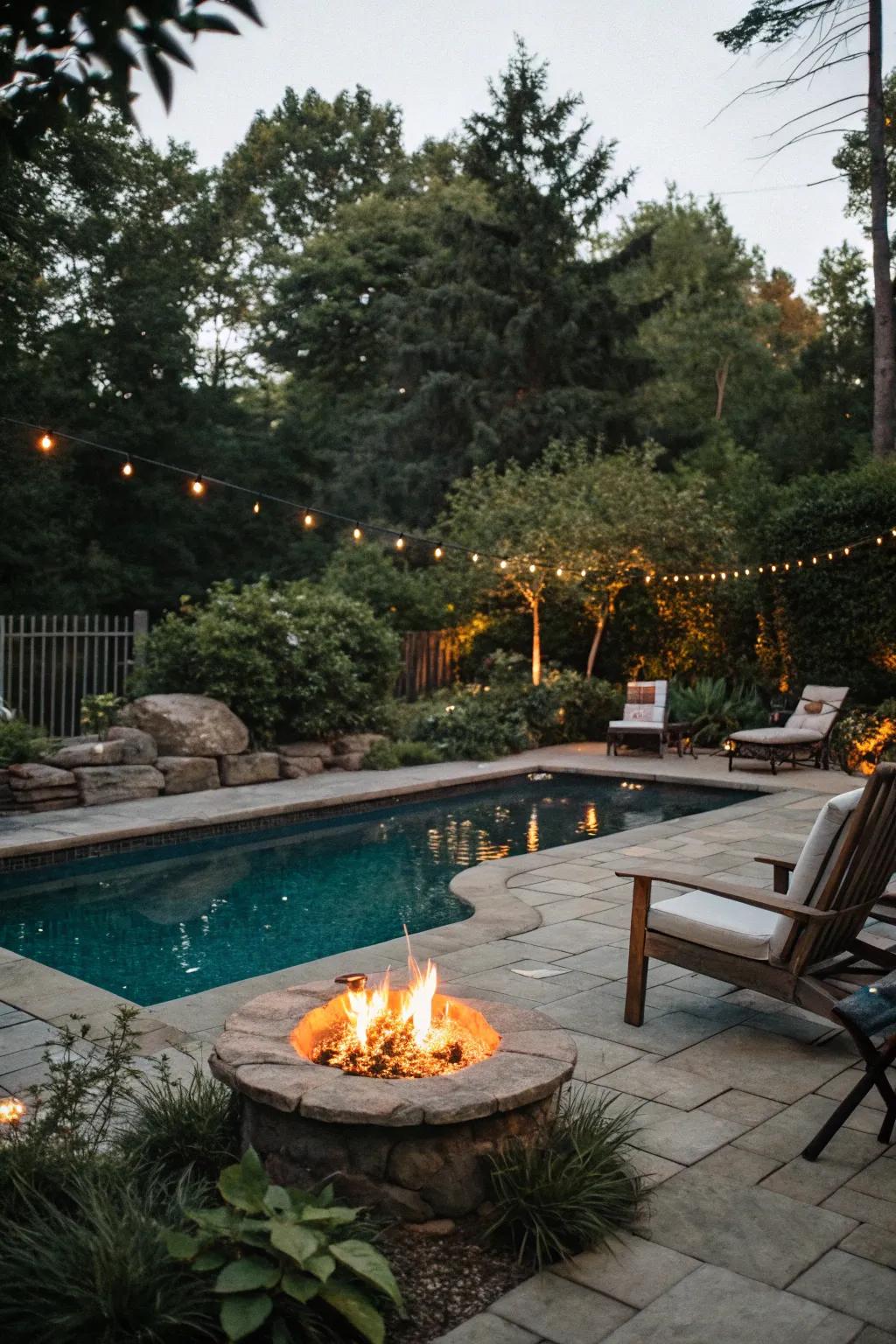 A cozy pool zone with a fire pit for evening get-togethers.