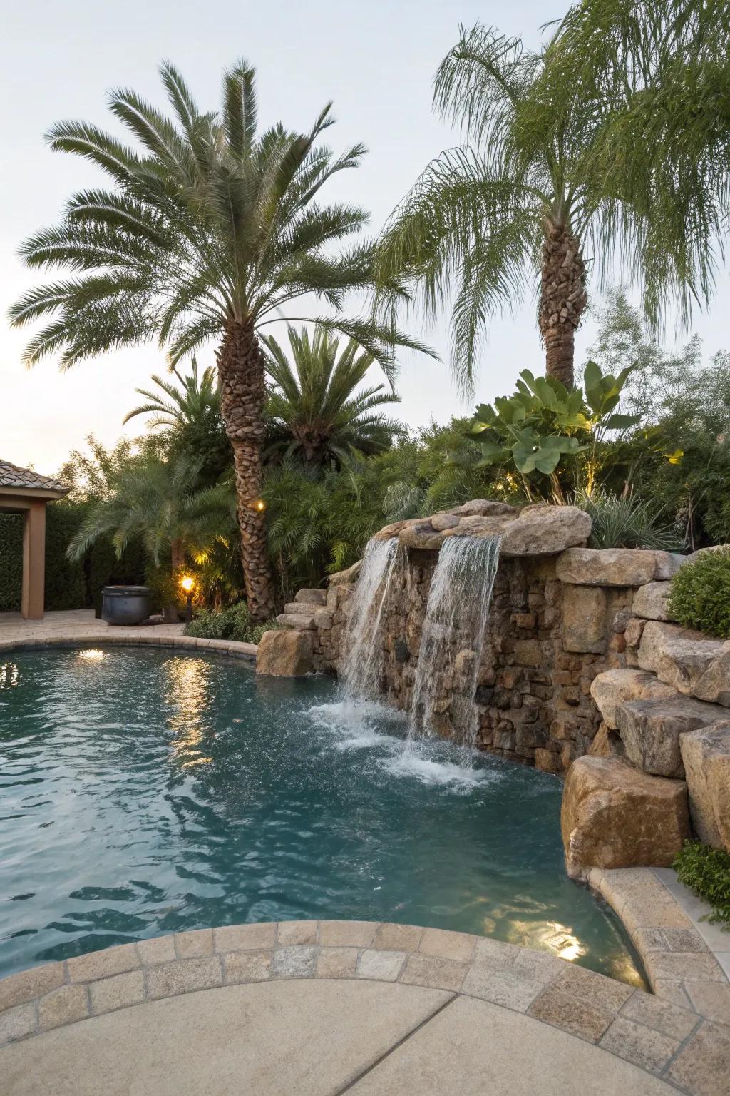 A waterfall feature enhances the luxury and tranquility of this pool area.