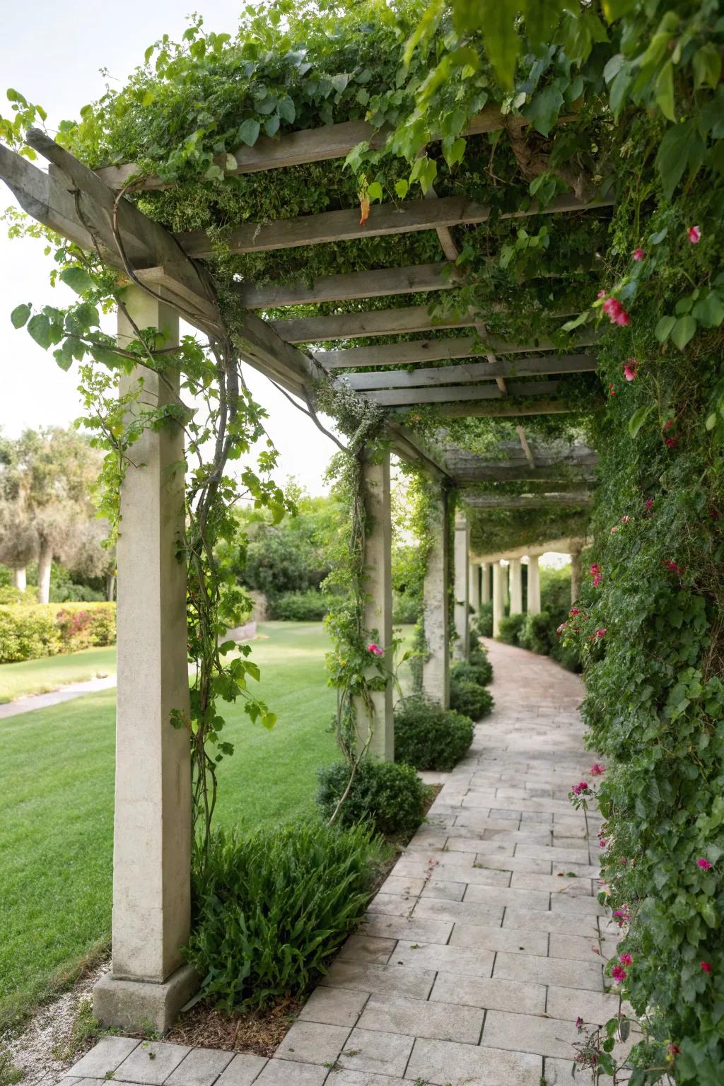 A cozy arbor with vines increases privacy and beauty.