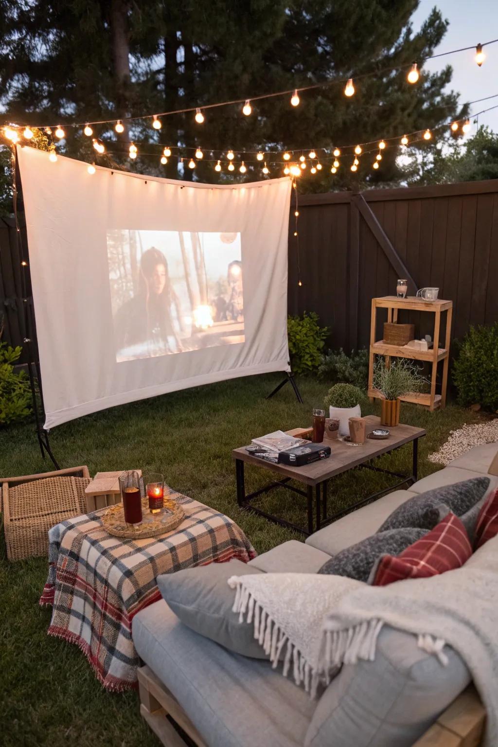 An inviting outdoor movie night setup under the stars.