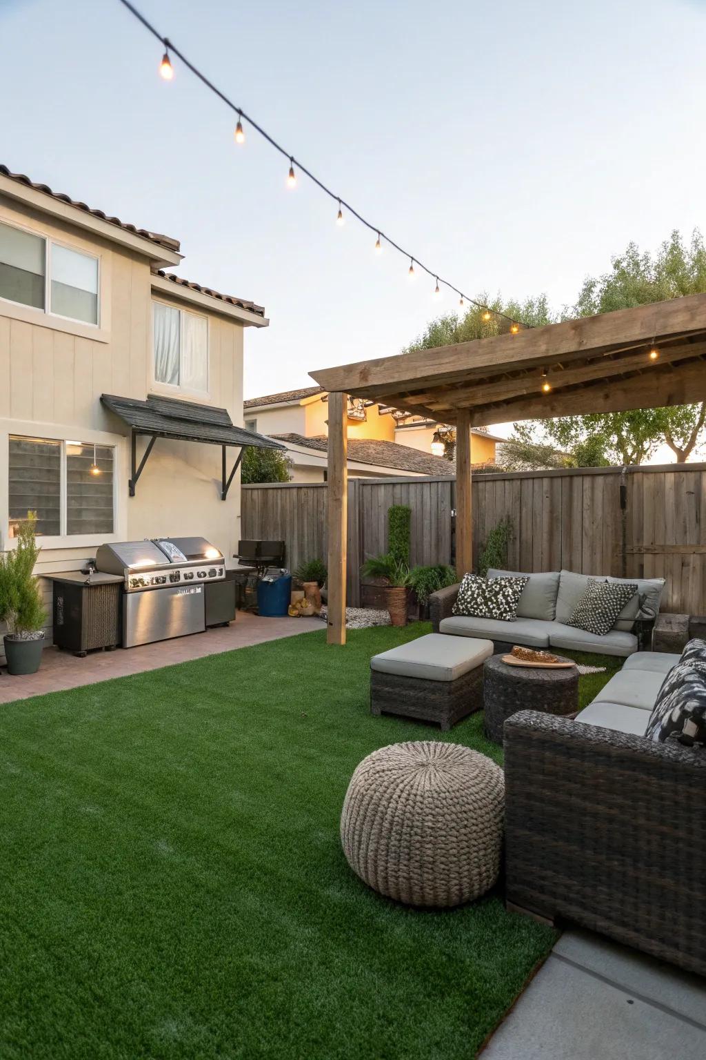 An entertainment zone on lush artificial lawn.