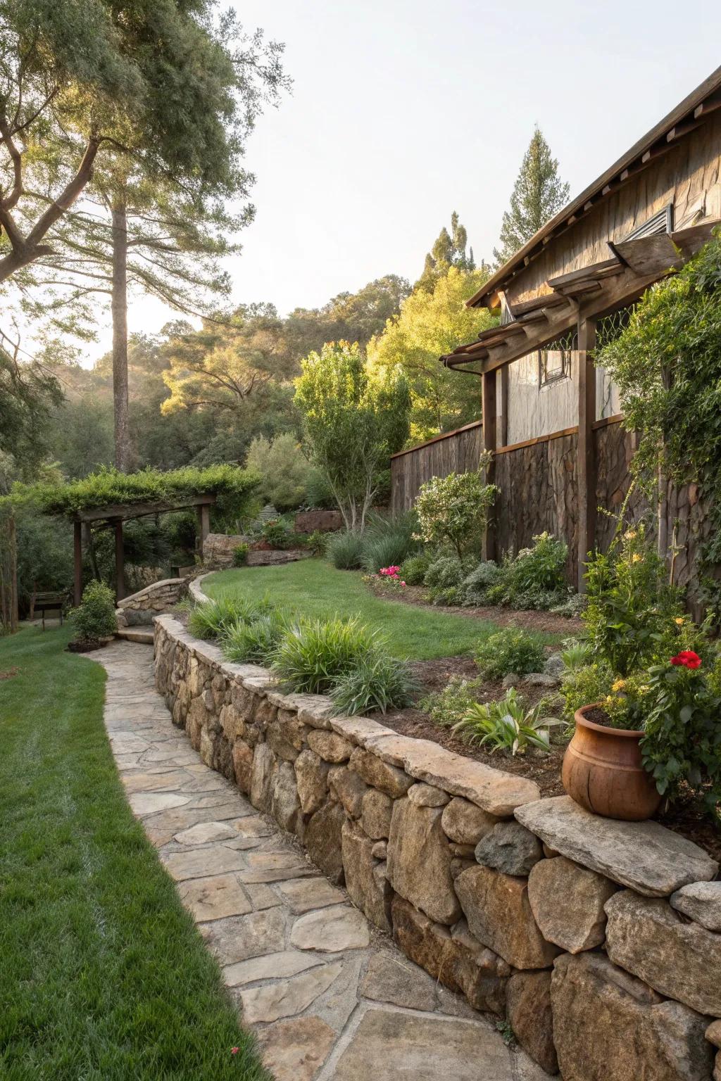 Stone support walls bring in a rustic charm.