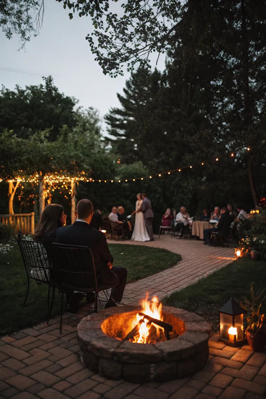 A welcoming fire pit lounge creates a cozy space for attendees to gather.