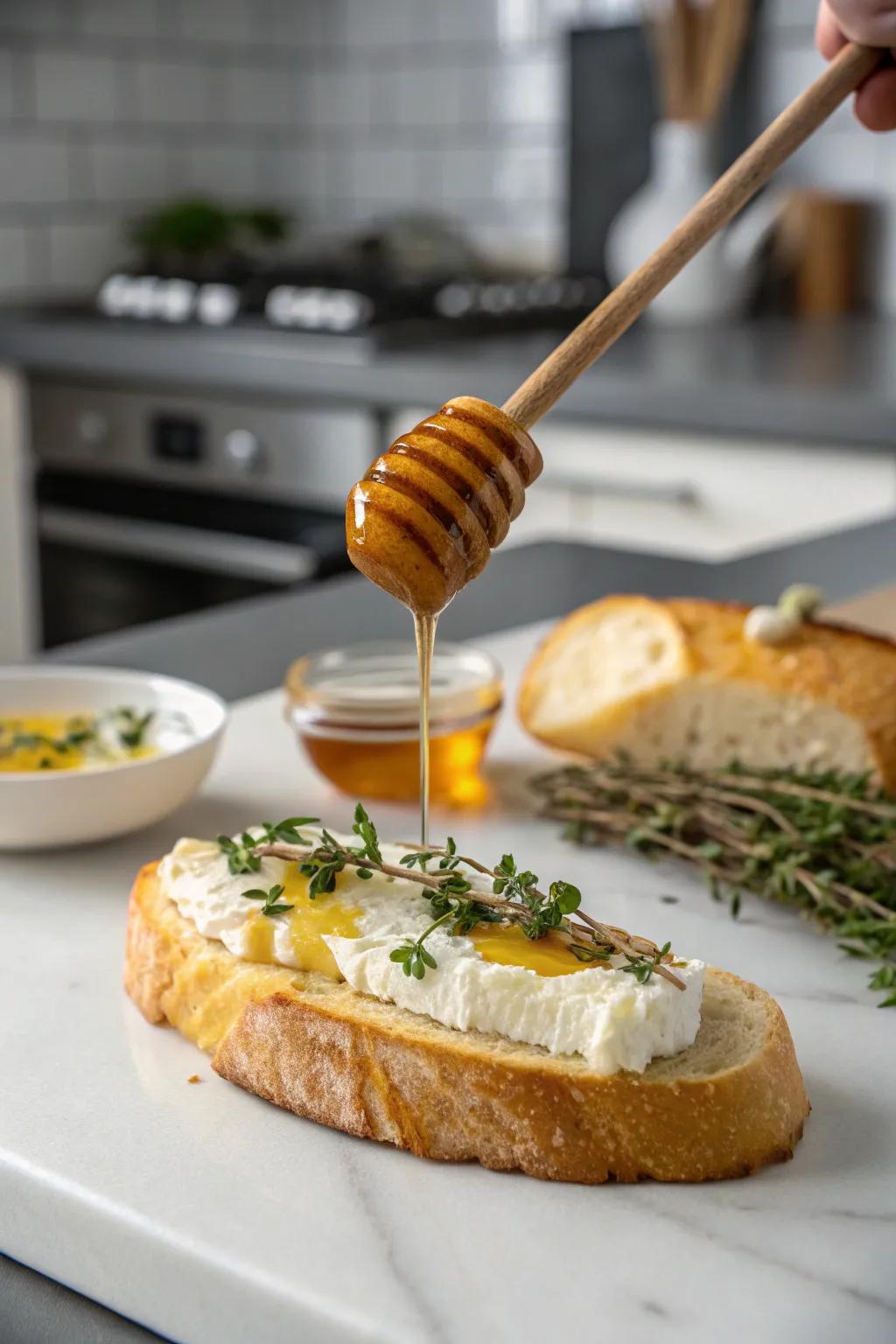 Goat cheese and honey on a French loaf, a seamless fusion of tangy and sweet.