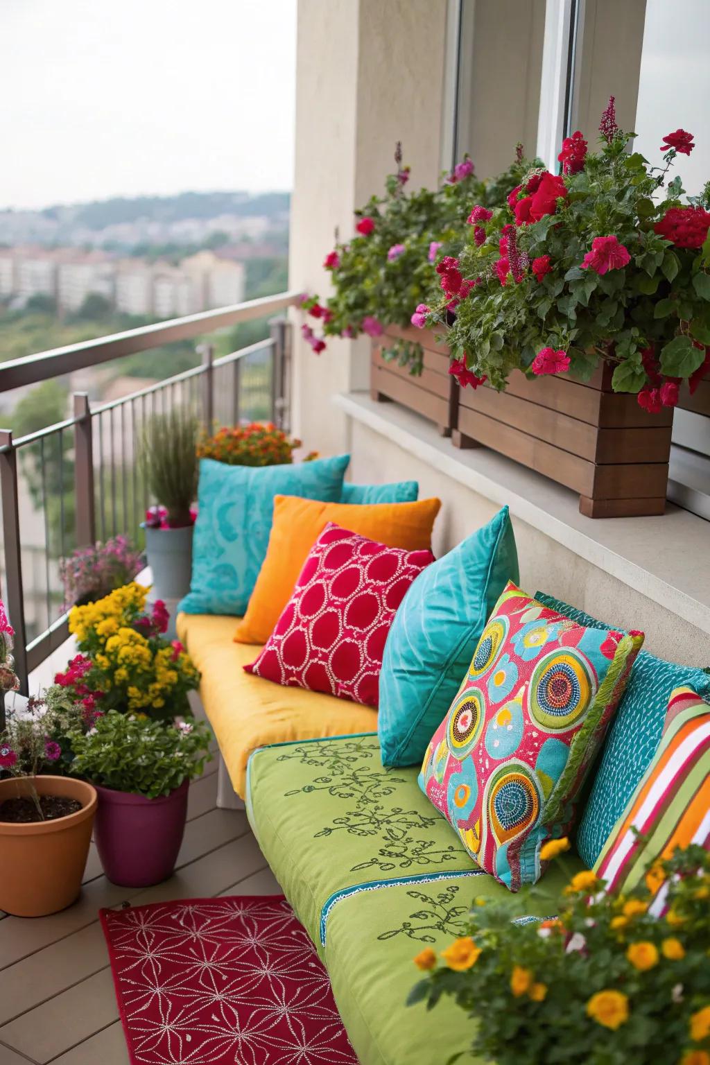 Brighten your balcony with vibrant pillows and planters.